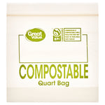 Clear Great Value compostable quart bag with green branding and BPI compostable certification mark on white background