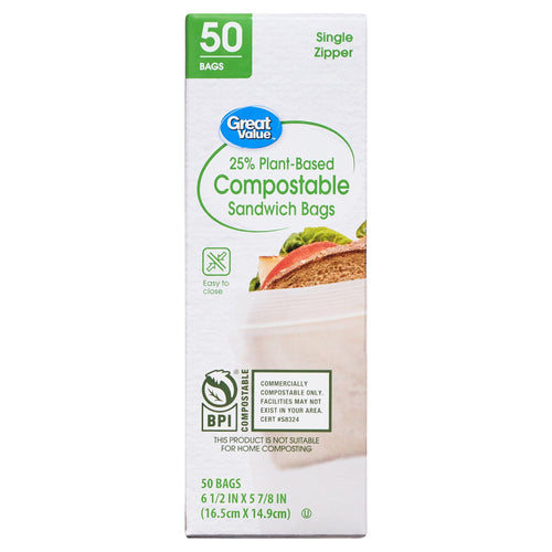 Vertical box of Great Value 25% plant-based compostable sandwich bags showing brand, BPI logo and sandwich image.