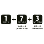 Graphic showing contents breakdown: 1 sweeper + 7 dry cloths + 3 wet cloths with their dimensions listed beneath
