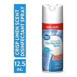 Great Value Crisp Linen Scent disinfectant spray can with red top and blue label, shown next to a vertical blue label reading 12.5 oz.