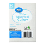 Back of Great Value White Assorted Cutlery box showing barcode, recycling and BPA free icons