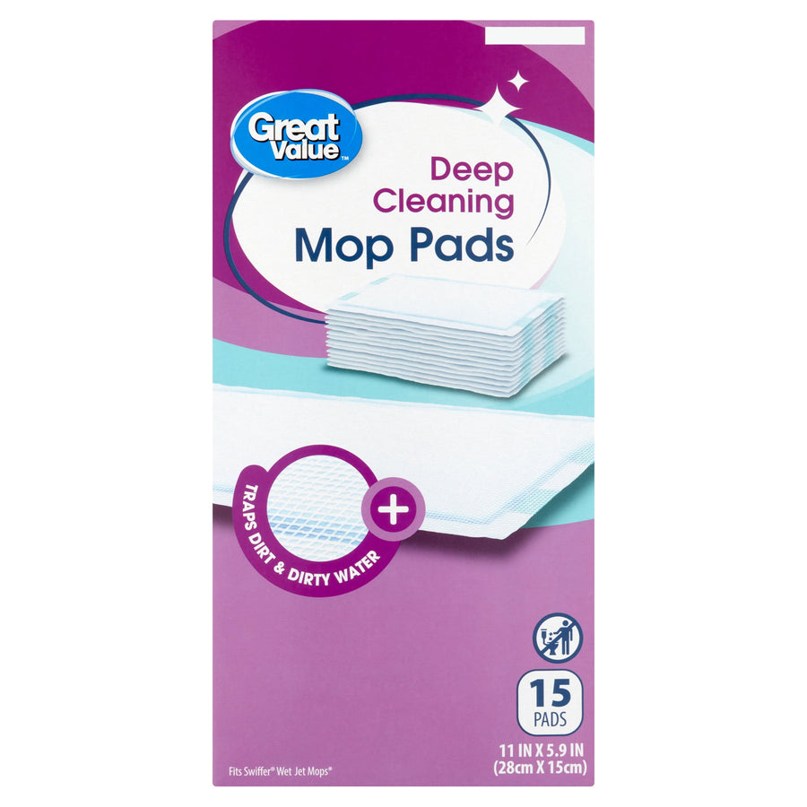 Great Value Deep Cleaning Mop Pads retail box with product name and stack of white mop pads on purple background