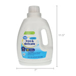 Great Value Free & Delicate unscented liquid laundry detergent bottle with measurements overlay indicating product height and width on white background.