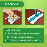 Instructional panel graphic with illustrations showing hand dusting and attaching cloth to a sweeper and usage tips