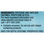 Close-up ingredient and safety label panel for Great Value dishwasher gel showing enzymes and contact information.