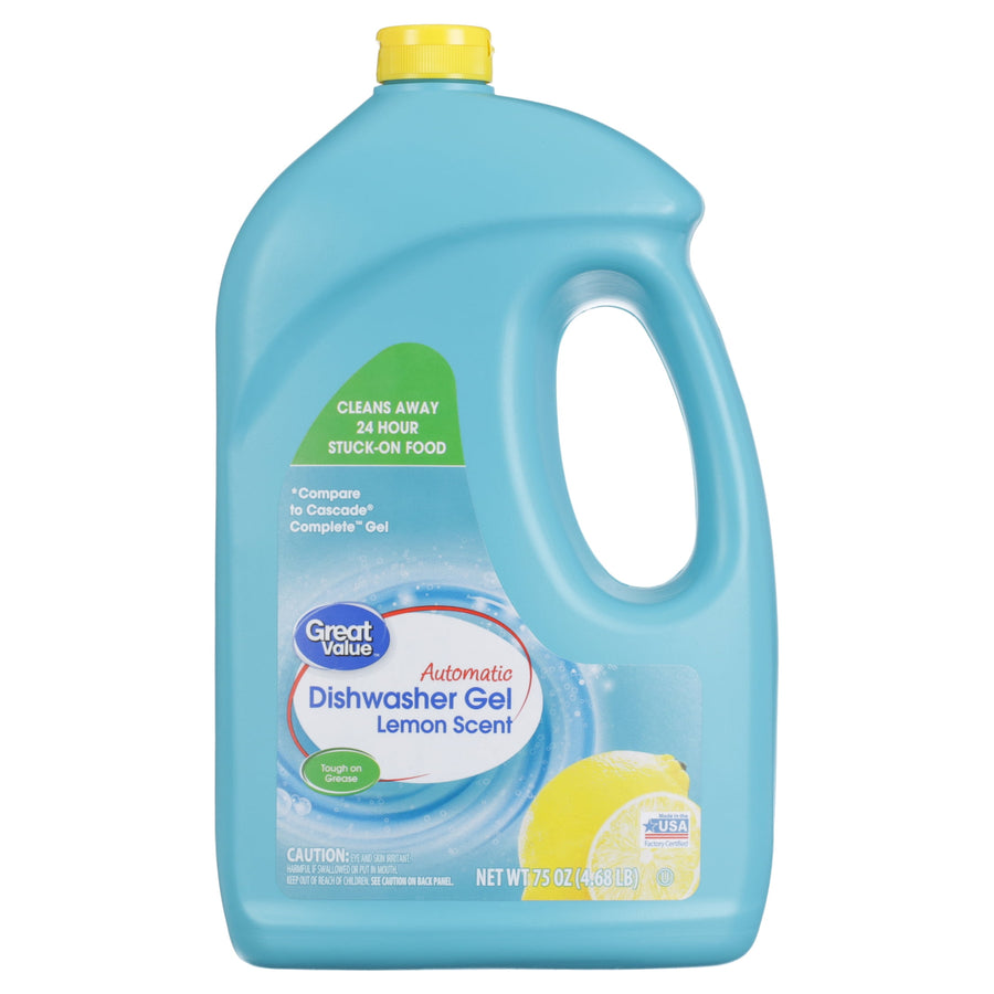 Tall blue Great Value jug of Automatic Dishwasher Gel with lemon graphic and yellow cap on white background.