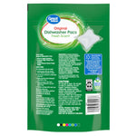Back of a green Great Value Original Dishwasher Pacs pouch showing ingredient list, caution text and certification labels