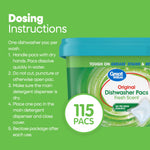 Green dosing instructions panel showing a partial tub image and a circular 115 pacs badge
