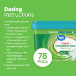 Green dosing instructions panel showing partial image of the Great Value dishwasher pac tub and steps for using one dishwasher pac per wash.