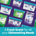 Patterned layout of assorted Great Value dishwasher pacs packages on a purple background with a teal banner reading 'A Fresh Scent for all your Dishwashing Needs.'