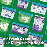 Patterned layout of Great Value dishwasher pacs packaging in green and purple with headline text about fresh scent