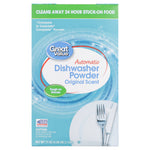 Front-facing Great Value Automatic Dishwasher Powder box in original scent with fork and plate graphic and blue swirl background.