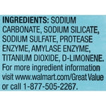 Close-up of an ingredients panel listing sodium carbonate, sodium silicate, protease and other components for dishwasher powder.