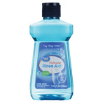 Clear blue plastic bottle of Great Value dishwasher rinse aid with navy cap and labeled front panel