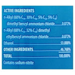 Close-up blue ingredient panel listing active ingredients and percentages on disinfectant can