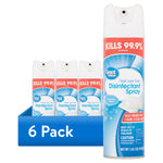 Packaged display of Great Value Fresh Linen disinfectant spray with one can enlarged and a blue 6 Pack label