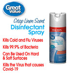 Promotional graphic showing Great Value logo and a can of Crisp Linen Disinfectant Spray with red claims text listing viruses and bacteria kill claims.