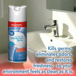 Great Value disinfectant spray can placed beside a bathroom sink, with overlay text noting it kills germs, eliminates odors and restores freshness.