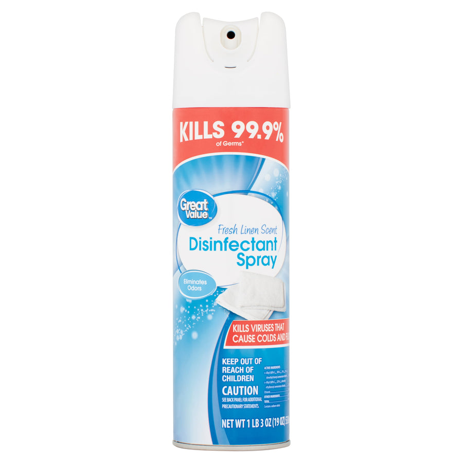 Single can of Great Value Fresh Linen Disinfectant Spray showing front label and nozzle