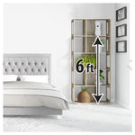 Bedroom scene with a white automatic dispenser shown on shelving and a large graphic arrow indicating 6 ft height placement.