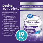 Partial front of Great Value dishwasher pacs pouch next to dosing instructions panel and a 19 pacs circular badge