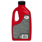 Rear view of a red Great Value drain cleaner bottle showing small warning text, barcode and black cap