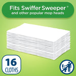 Stack of white dry sweeping cloths on a green background with text indicating compatibility with Swiffer Sweeper