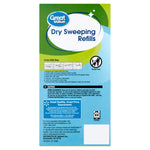 Back of a Great Value Dry Sweeping Refills package showing product name, usage instructions, caution text and brand panels on a green and blue background.