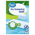 Great Value branded box of dry sweeping refills with product name and stack of white cloths on front