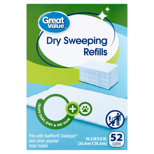 Great Value branded box of dry sweeping refills with product name and stack of white cloths on front