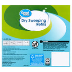 Rear packaging panel of Great Value Dry Sweeping Refills with caution, storage info and small usage illustrations
