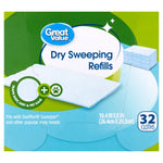 Square front artwork of Great Value Dry Sweeping Refills package with cloth image, paw icon and 32 cloths callout