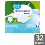 Close-up front view of Great Value Dry Sweeping Refills packaging showing cloth illustration and 32 cloths badge