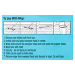 Instruction panel with illustrations showing how to attach and dispose the dry sweeping cloth on a mop head