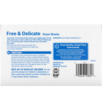 Back panel of Great Value Free & Delicate dryer sheets box showing directions, ingredients, barcode and guarantee box