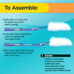 Assembly instruction graphic showing how to slide and extend the duster shaft with caution text on packaging