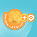 Circular close-up graphic of yellow duster fibers on packaging with text about trapping dust, dirt and pet hair