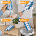Four-panel instructional graphic illustrating insert, fluff, dust, and trash steps for using the duster refill