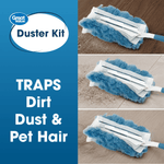 Split graphic showing blue duster head on different floor surfaces with text 'TRAPS Dirt Dust & Pet Hair'