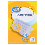 Great Value branded yellow box of duster refills with product image and Do Not Flush warning