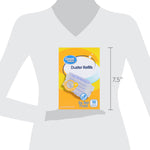 Silhouette scale graphic showing a person holding the boxed Great Value duster refills with 7.5 inch height label
