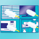 Illustrated usage panel showing the duster used on blinds, TV, microwave and shelves in four panel artwork