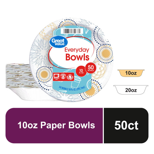 Front-facing package of Great Value Everyday paper bowls with patterned rim, 10 oz label and 50-count callout.