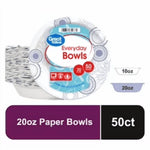 Packaged Great Value Everyday patterned paper bowls with blue label showing 'Everyday Bowls' and a 50 count badge.