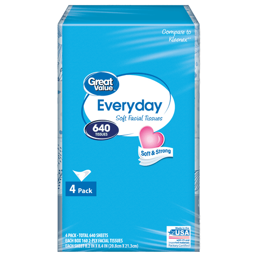 Great Value Everyday facial tissues 4-pack in blue retail shrink-wrapped packaging showing brand and 640 tissues