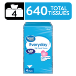 Packaged Great Value Everyday facial tissues blue wrapper with 640 total tissues badge and 4-pack icon