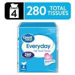 Great Value Everyday blue packaged 4-pack of facial tissues with 280 total tissues label and pink heart logo