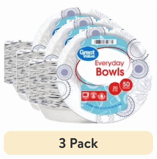 Three overlapping Great Value Everyday Bowls packages showing the labeled pack of disposable paper bowls and a “3 Pack” banner.