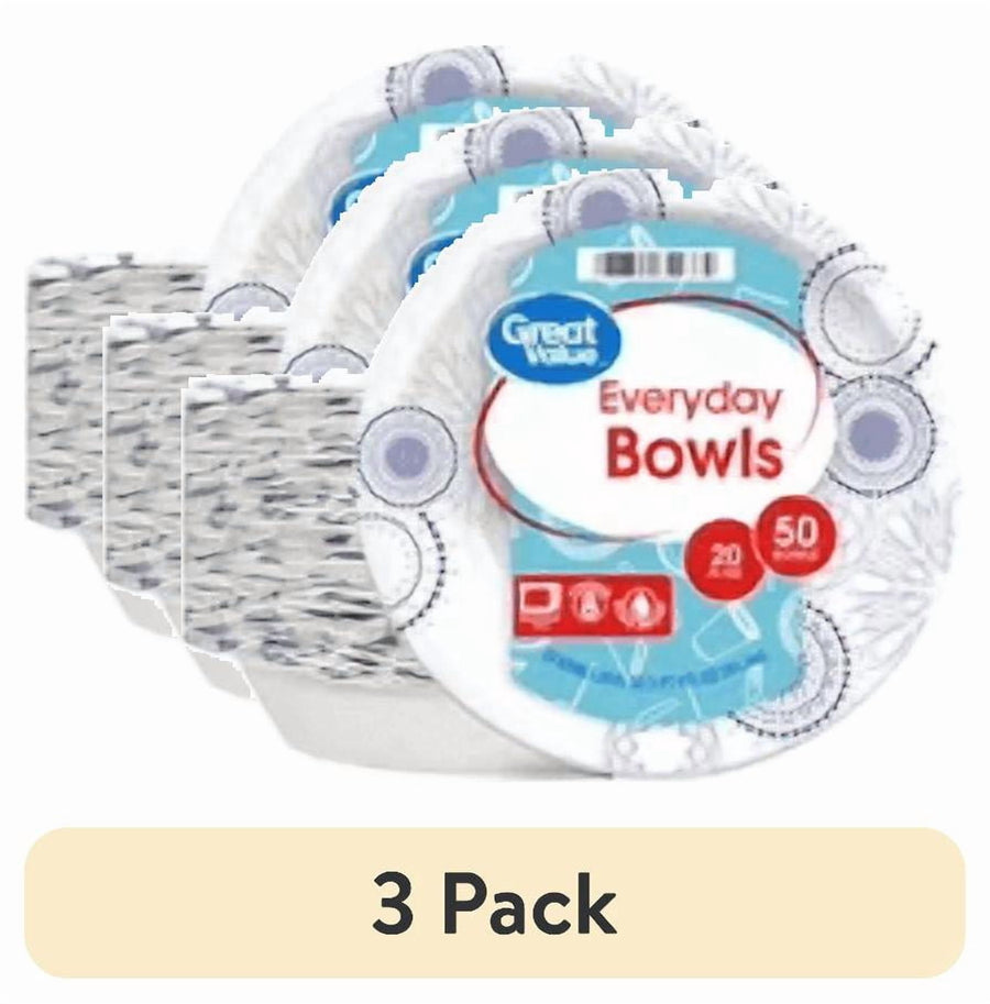 Three overlapping Great Value Everyday Bowls packages showing the labeled pack of disposable paper bowls and a “3 Pack” banner.