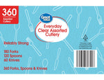 Back panel of Great Value Everyday Clear Assorted Cutlery box showing product copy, barcode and utensil pattern